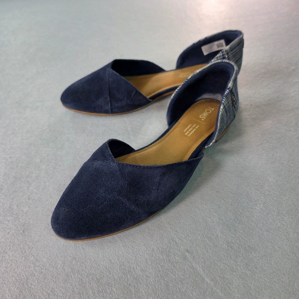 TOMS Jutti D'Orsay Navy Blue Suede Plaid Pointed Toe Flats Shoes Womens 9.5